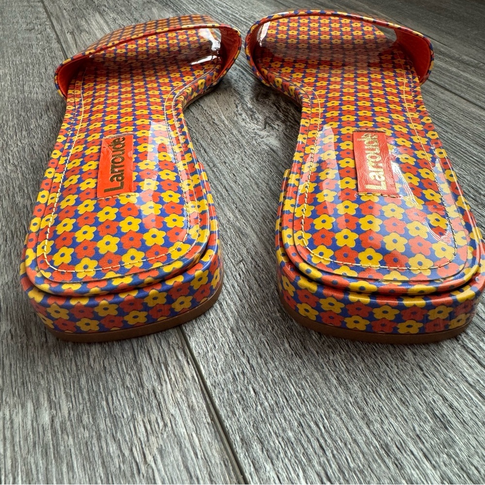 Like New! Larroude Athena sandal flip flop heels floral poppy 8 - Picture 5 of 9